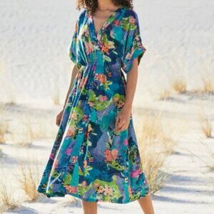 NWT Peruvian Connection Moorea Dress Floral Dolman Sleeve Midi Multicolor Size L